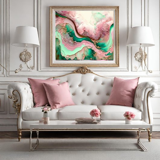 Roze en Blauwgroen Abstracte Oceaan beweging Perfect Poster