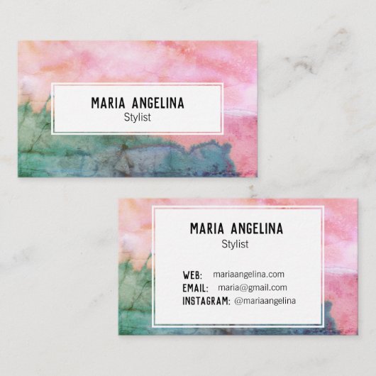 Roze en blauwgroen abstracte waterverf in nood visitekaartje (Voorkant / Achterkant)