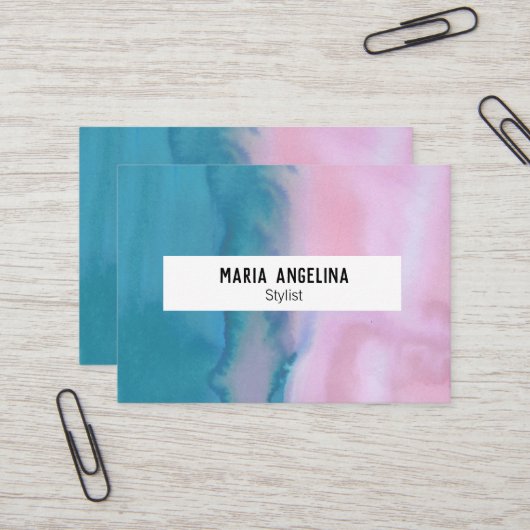 Roze en blauwgroen abstracte waterverf visitekaart visitekaartje (Voorkant / Achterkant in situ)
