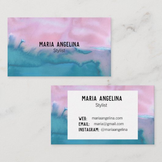 Roze en blauwgroen abstracte waterverf visitekaart visitekaartje (Voorkant / Achterkant)