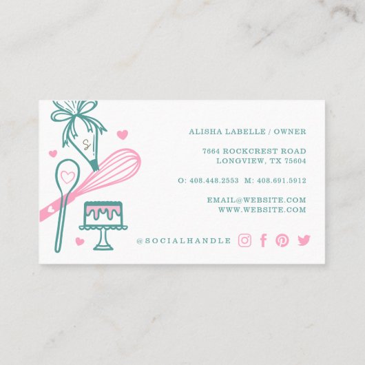 Roze en Blauwgroen bakkerij- en kookartikelen Visitekaartje (Achterkant)