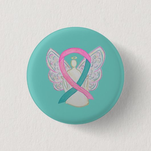 Roze en Blauwgroen bewustzijn Ribbon Angel Button (Voorkant)