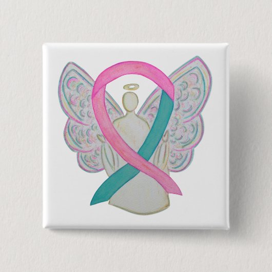 Roze en Blauwgroen bewustzijn Ribbon Angel Button  (Voorkant)