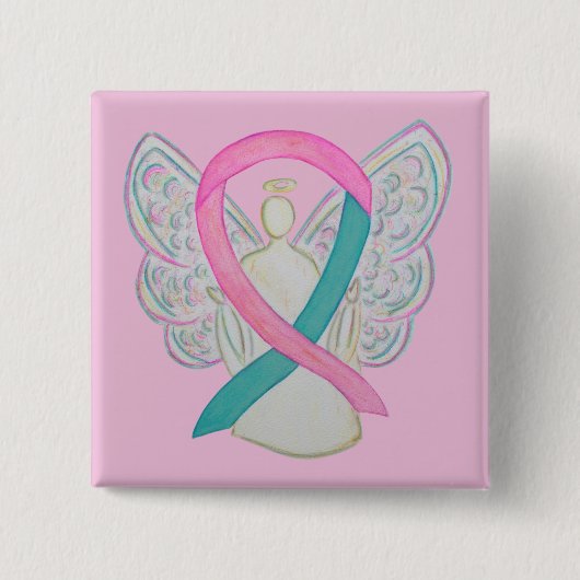 Roze en Blauwgroen bewustzijn Ribbon Angel Button (Voorkant)