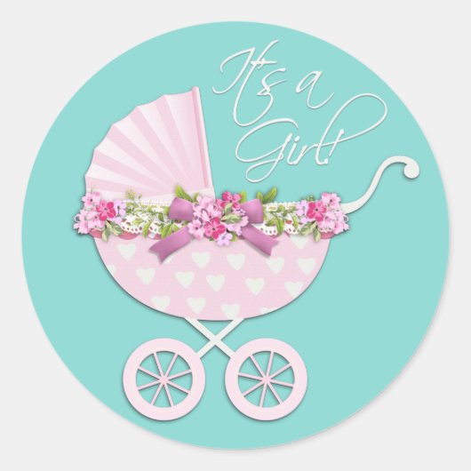 Roze en Blauwgroen Blauw Baby Carriage Stickers (Voorkant)