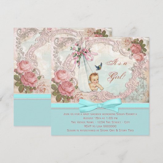 roze en Blauwgroen blauw Baby shower Kaart (Voorkant / Achterkant)