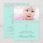  roze en Blauwgroen blauw foto doop Kaart (Voorkant / Achterkant)