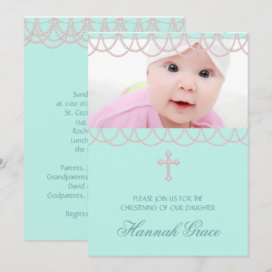 roze en Blauwgroen blauw foto doop Kaart (Voorkant / Achterkant)