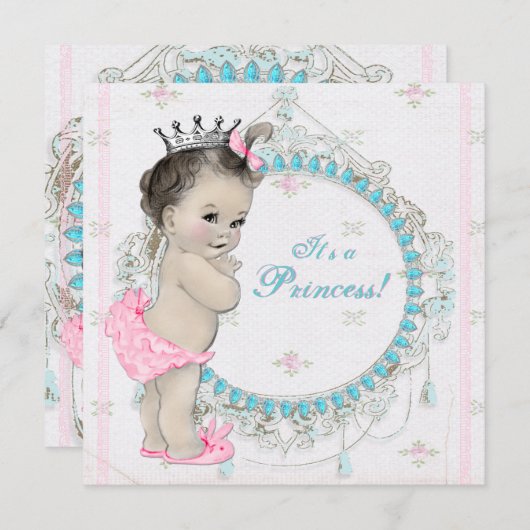 Roze en Blauwgroen Blauw  Princess Baby shower Kaart (Voorkant / Achterkant)