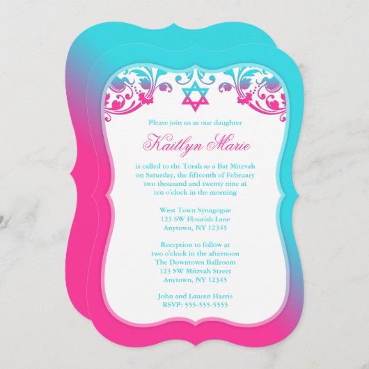 Roze en Blauwgroen Blauwe Zwemmen Bat Mitzvah Kaart (Voorkant / Achterkant)