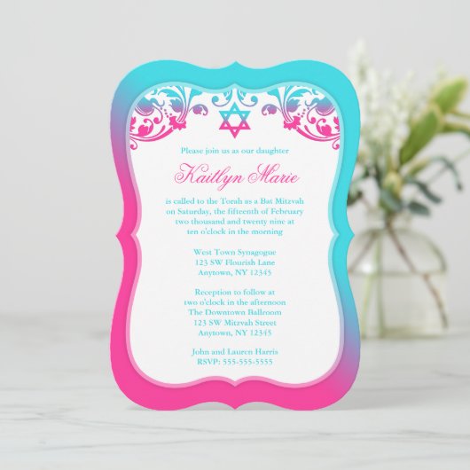 Roze en Blauwgroen Blauwe Zwemmen Bat Mitzvah Kaart (Staand voorkant)