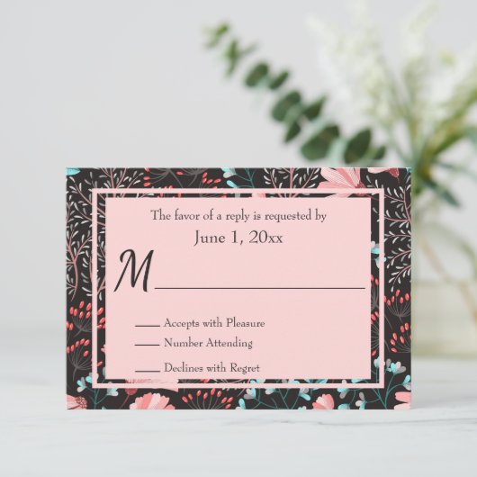 Roze en Blauwgroen bloemen RSVP (Staand voorkant)