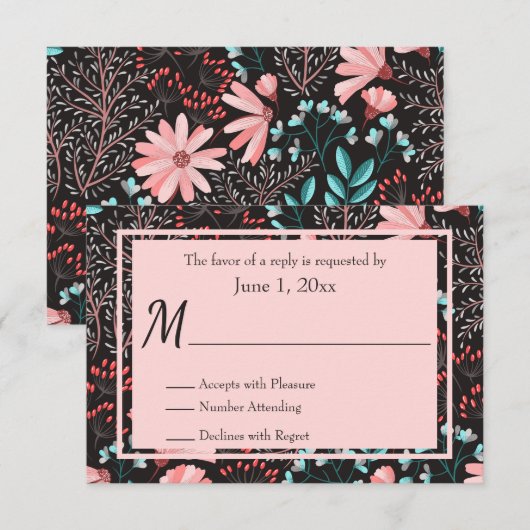 Roze en Blauwgroen bloemen RSVP (Voorkant / Achterkant)