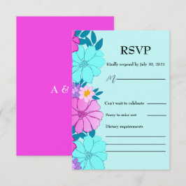 Roze en Blauwgroen bloemenbruiloft RSVP Kaartje