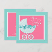 Roze en Blauwgroen Blue Pram Baby shower Kaart (Voorkant / Achterkant)