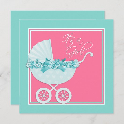 Roze en Blauwgroen Blue Pram Baby shower Kaart (Voorkant / Achterkant)