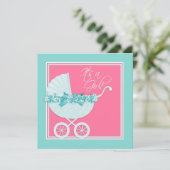 Roze en Blauwgroen Blue Pram Baby shower Kaart (Staand voorkant)
