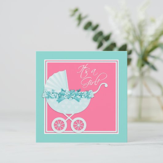 Roze en Blauwgroen Blue Pram Baby shower Kaart (Staand voorkant)