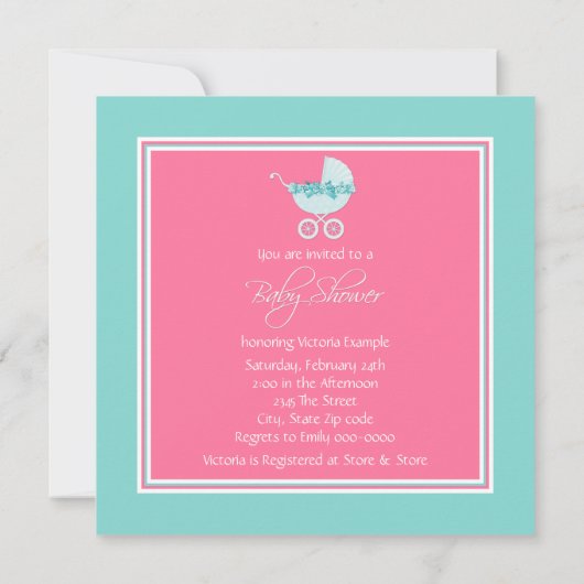 Roze en Blauwgroen Blue Pram Baby shower Kaart (Achterkant)