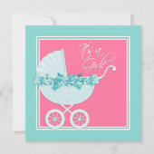 Roze en Blauwgroen Blue Pram Baby shower Kaart (Voorkant)