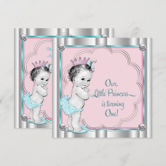 Roze en Blauwgroen Blue Princess 1e verjaardagsfee Kaart (Voorkant / Achterkant)