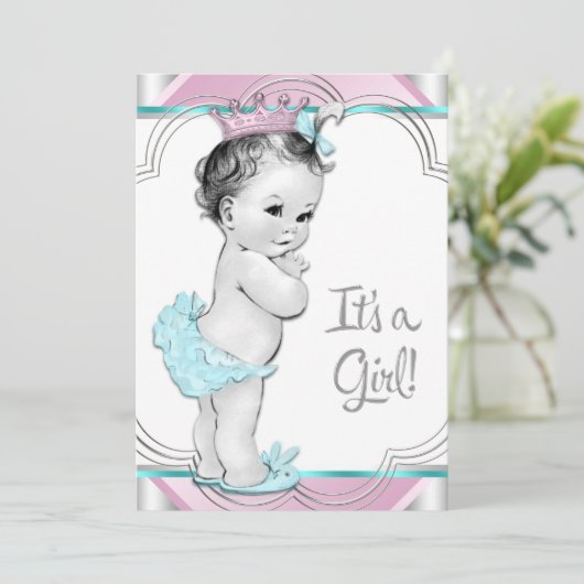 Roze en Blauwgroen Blue Princess Baby shower Kaart (Staand voorkant)