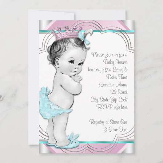 Roze en Blauwgroen Blue Princess Baby shower Kaart (Achterkant)