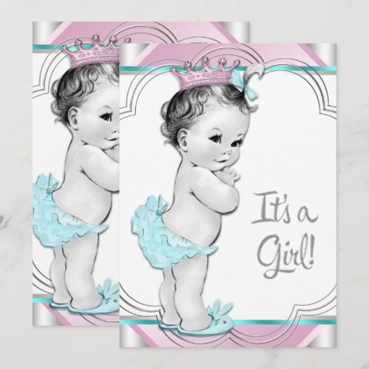 Roze en Blauwgroen Blue Princess Baby shower Kaart (Voorkant / Achterkant)