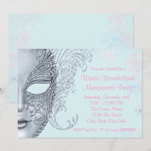 Roze en Blauwgroen Blue Winter Wonderland Party Kaart (Voorkant / Achterkant)