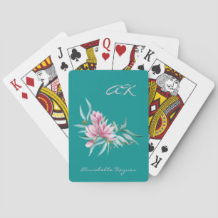 Roze en blauwgroen botanische elegant, monogrammen pokerkaarten