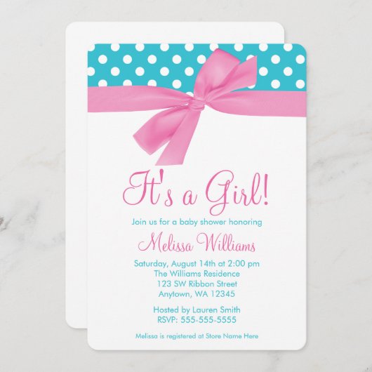 Roze en Blauwgroen Bow Polka Dot Baby shower Kaart (Voorkant / Achterkant)