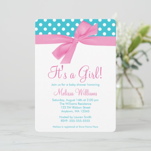 Roze en Blauwgroen Bow Polka Dot Baby shower Kaart (Staand voorkant)