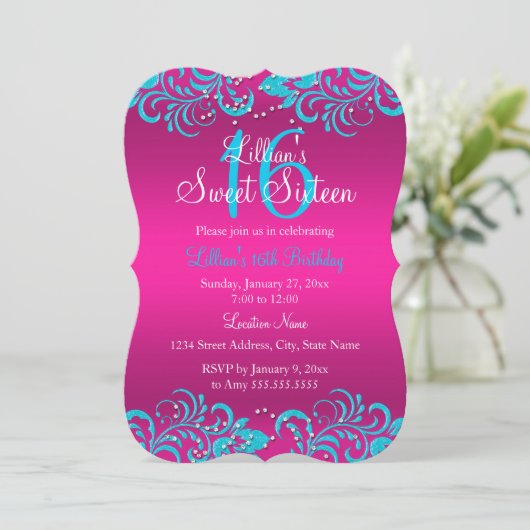 Roze en Blauwgroen, braal, gezoet 16 Invite Kaart (Staand voorkant)