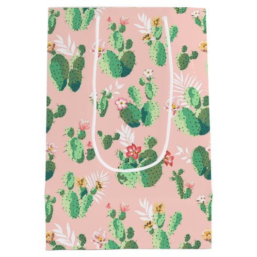 Roze en Blauwgroen Cactus Southwestern Gift Bag Medium Cadeauzakje (Achterkant)