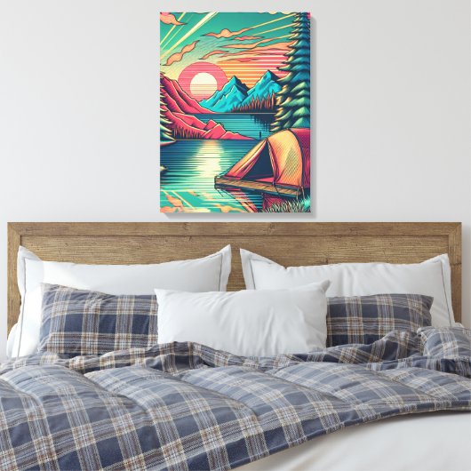 Roze en Blauwgroen Camping Thema Canvas Afdruk (Insitu (Slaapkamer))