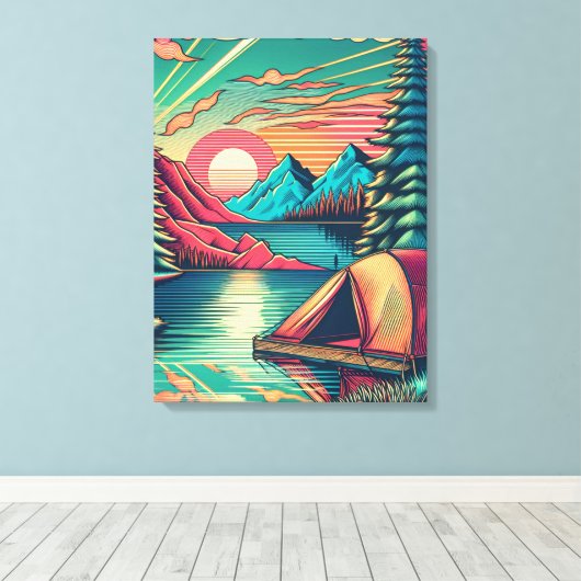 Roze en Blauwgroen Camping Thema Canvas Afdruk (Insitu (Houten vloer))