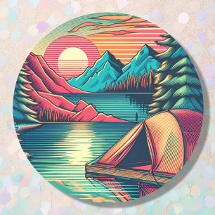 Roze en Blauwgroen Camping Thema Ronde Sticker