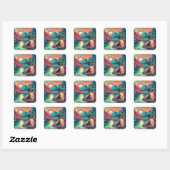  Roze en Blauwgroen Camping Thema Vierkante Sticker (Vel)