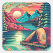  Roze en Blauwgroen Camping Thema Vierkante Sticker (Voorkant)