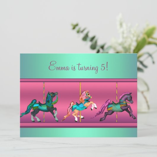 Roze en Blauwgroen Carrousel Pony verjaardagsfeest Kaart (Staand voorkant)