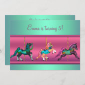 Roze en Blauwgroen Carrousel Pony verjaardagsfeest Kaart (Voorkant / Achterkant)