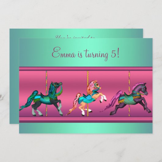 Roze en Blauwgroen Carrousel Pony verjaardagsfeest Kaart (Voorkant / Achterkant)