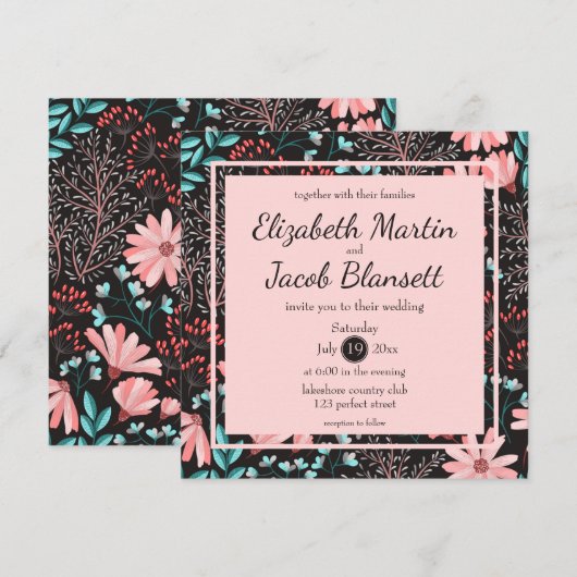 Roze en Blauwgroen donkerbruin patroonhuwelijk Kaart (Voorkant / Achterkant)