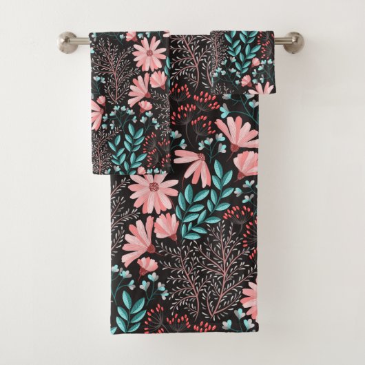 Roze en Blauwgroen, donkere Floral Patroon Bad Handdoek (Insitu)