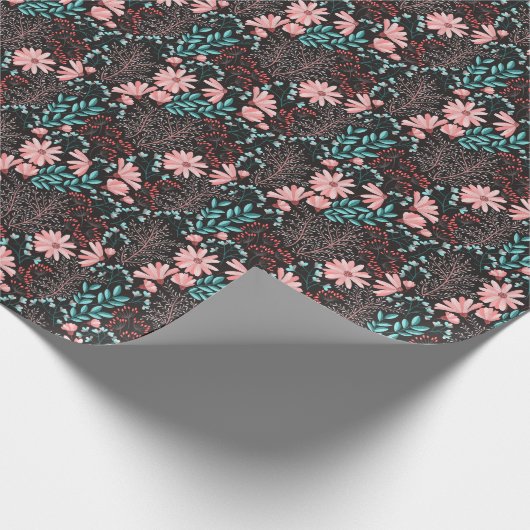 Roze en Blauwgroen, donkere Floral Patroon Cadeaupapier (Hoek)