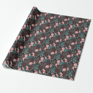 Roze en Blauwgroen, donkere Floral Patroon Cadeaupapier