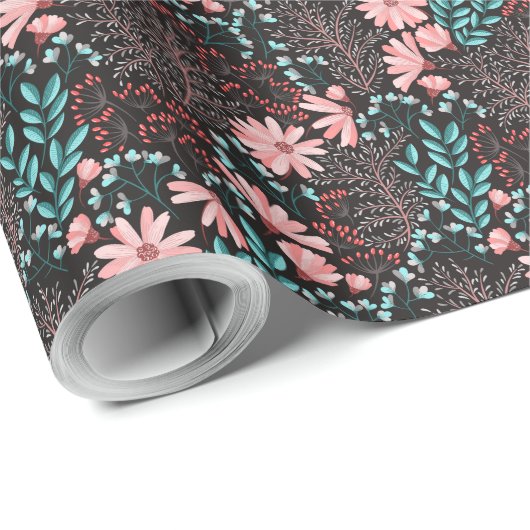 Roze en Blauwgroen, donkere Floral Patroon Cadeaupapier (Rol Hoek)