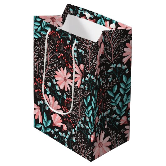 Roze en Blauwgroen, donkere Floral Patroon Medium Cadeauzakje (Voorkant Gekanteld)