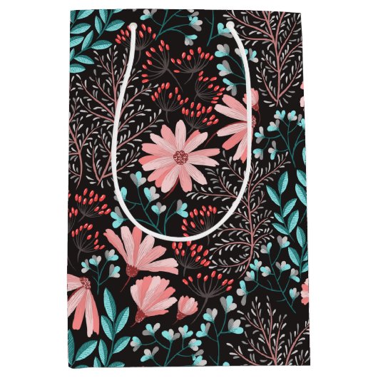 Roze en Blauwgroen, donkere Floral Patroon Medium Cadeauzakje