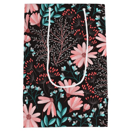 Roze en Blauwgroen, donkere Floral Patroon Medium Cadeauzakje (Achterkant)